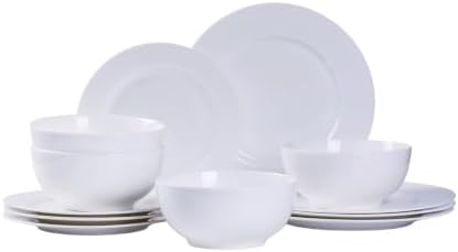 12 Piece White Dish Set for 4, Porcelain Plates and Bowls, Kitchen by fhgnysm