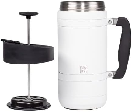 BruTrek Basecamp Coffee Press - Double Wall Vacuum Insulated Stainless Steel - Bru-Stop Technology, No Grounds in Coffee, No Spill Lid (Snowflake White, 48 fl.oz)