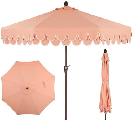 JONATHAN Y Tracy 9' Scalloped Market Patio Umbrella, Coral Pink/Dark Brown by JONATHANY