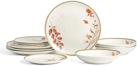 Stone Lain Maple 12-Piece Dinnerware Set Porcelain, Plates and Bowls Set, Dishwasher and Microwave Safe, Dish Set for 4, White by Unknown