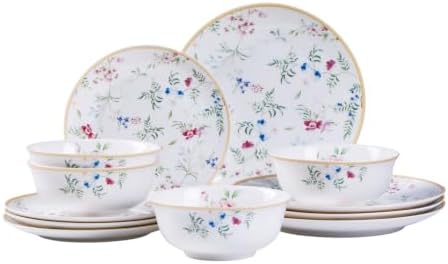 Floral Dinnerware Set for 4, 12-Piece Porcelain Plates and Bowls, Gold Rim by fhgnysm