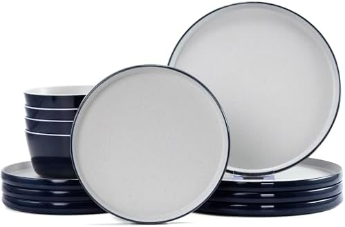Melamine Dinnerware Sets,Plate and Bowl Set for 4,Navy Blue,Gray by Gufaith
