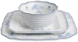 222 Fifth 12-Piece Porcelain Dinnerware Set for 4, Glossy White Plates and Bowls Set with Blue Decal, Elegant Square Ceramic Dish Set, Kitchen Tableware, Microwave & Dishwasher Safe, Scenic Toile - Image 2