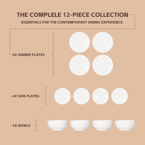 12 Piece White Dish Set for 4, Porcelain Plates and Bowls, Kitchen - Image 3
