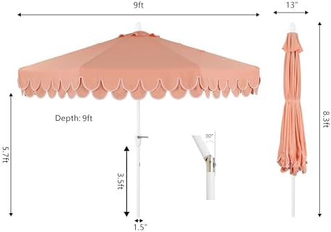 JONATHAN Y Tracy 9' Scalloped Market Patio Umbrella, Coral Pink/White - Image 4