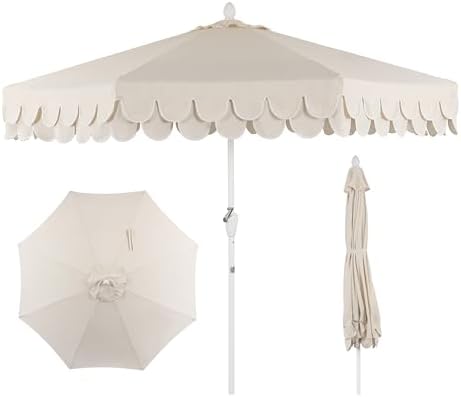 JONATHAN Y Tracy 9' Scalloped Market Patio Umbrella, Cream/White by JONATHANY