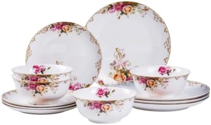 12 Piece Dinnerware Sets for 4, White Porcelain Gold Rim, Formal Dining by fhgnysm