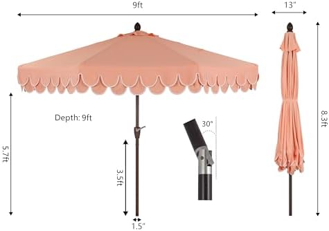 JONATHAN Y Tracy 9' Scalloped Market Patio Umbrella, Coral Pink/Dark Brown - Image 4