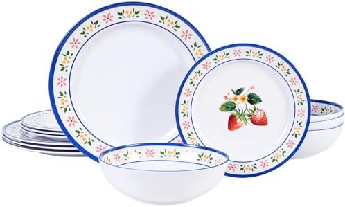 12-Piece Melamine Dinnerware Set – Strawberry Plates & Bowls for 4 by DoDoware