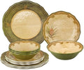 UP 12 Piece Woodland Pinecone Melamine Dinnerware Sets, Outdoor Dishes Set, Plates and Bowls Sets, Service for 4, Dark Green by UPware
