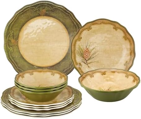 UP 12 Piece Woodland Pinecone Melamine Dinnerware Sets, Outdoor Dishes Set, Plates and Bowls Sets, Service for 4, Dark Green by UPware