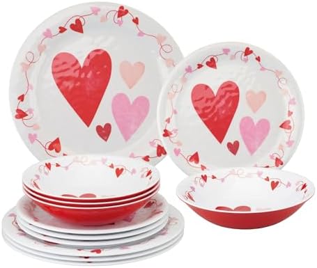 UPware 12 Piece Love Hearts Melamine Dinnerware Sets, Outdoor Dishes Set, Plates and Bowls Sets, Valentine's Day Decorations, Service for 4, Red by UPware
