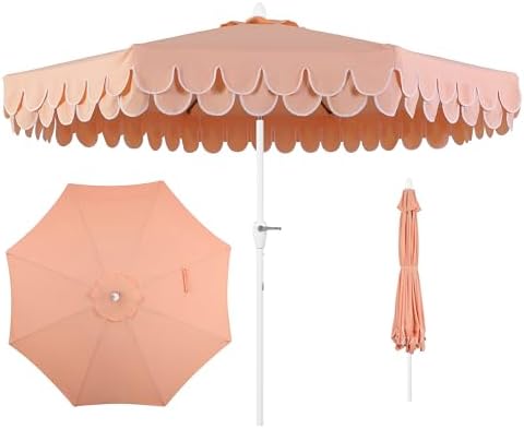 JONATHAN Y Tracy 9' Scalloped Market Patio Umbrella, Coral Pink/White by JONATHANY