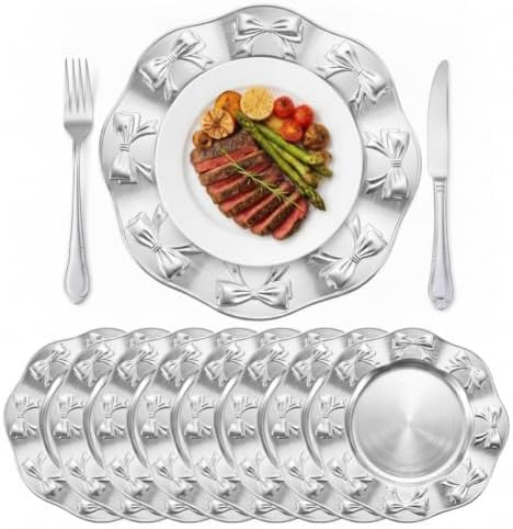 Havawish 8 Pcs 13 Inch Charger Plates, Decorative Round Dinner Plates with Bow Edge Embossed Rim for Wedding Party, Thanksgiving, Home Kitchen, Banquet Table Setting (Silver) by Havawish