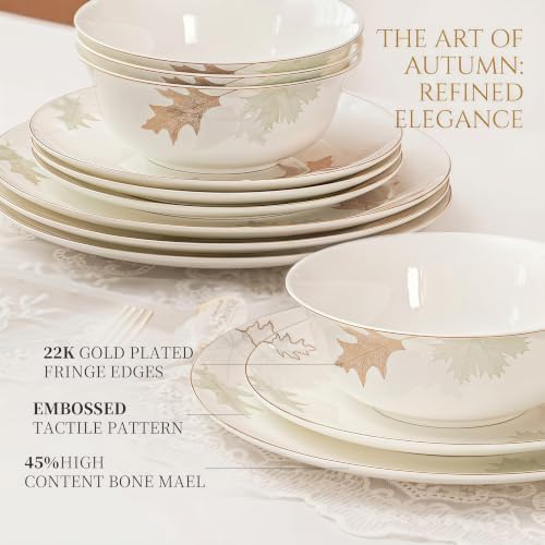 12 Piece Bone China Dinnerware Set for 4, Maple Leaf Gold Trim Gift - Image 3