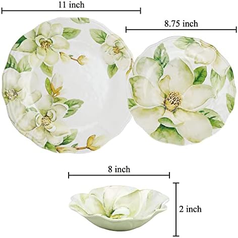 UP 12 Piece Magnolia Melamine Dinnerware Sets, Outdoor Dishes Set, Plates and Bowls Sets, Service for 4, Green - Image 2