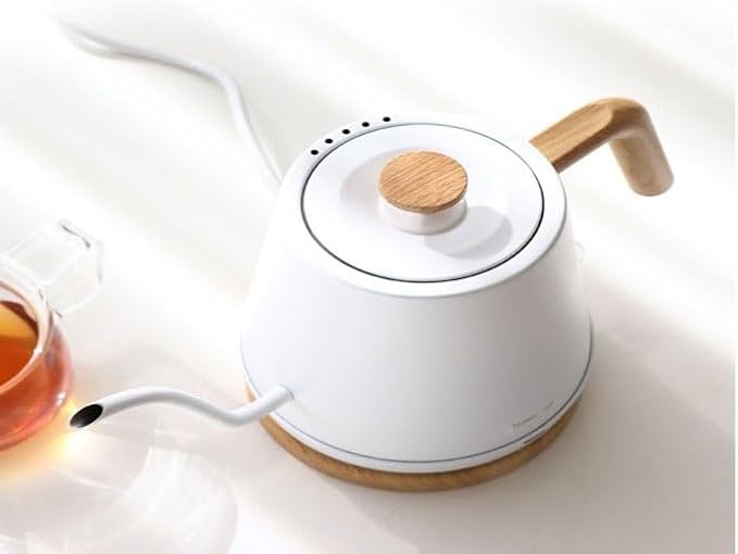 Modern Electric Gooseneck inner Stainless Steel Kettle, 1200W Quick Heating, One touch, Auto Shut off with Elegant Wood Grain design 800ML (White)