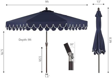 JONATHAN Y Tracy 9' Scalloped Market Patio Umbrella, Navy/Dark Brown - Image 4