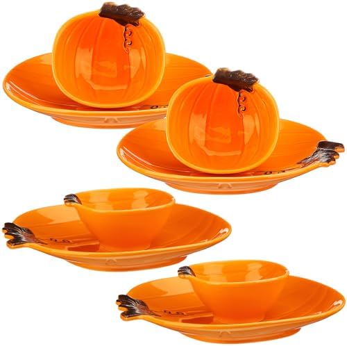 Maxcheck 8 Pcs Pumpkin Ceramic Bowl & Plate Fall Dinnerware Set, Orange by Maxcheck