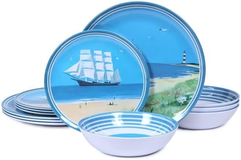 Outdoor Melamine Dinnerware Set for 4, 12-Piece Sailboat Plates and Bowls by molidiki