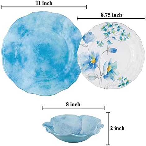 UPware 12 Piece Campanula Melamine Dinnerware Sets, Outdoor Dishes Set, Plates and Bowls Sets, Service for 4, Sky Blue - Image 3