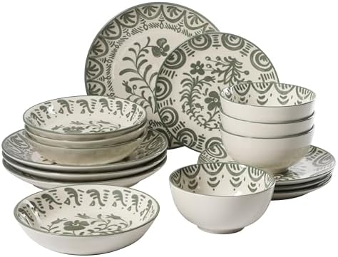 Bloomhouse - 2-Time Oprah’s Favorite Things - Valencia Flor 16 Piece Dinnerware Set, Artisanal Decorated Stoneware Plates & Bowls, Service for 4, Microwave & Dishwasher Safe, Fern Green by Unknown