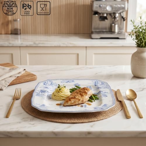 222 Fifth 12-Piece Porcelain Dinnerware Set for 4, Glossy White Plates and Bowls Set with Blue Decal, Elegant Square Ceramic Dish Set, Kitchen Tableware, Microwave & Dishwasher Safe, Scenic Toile - Image 5