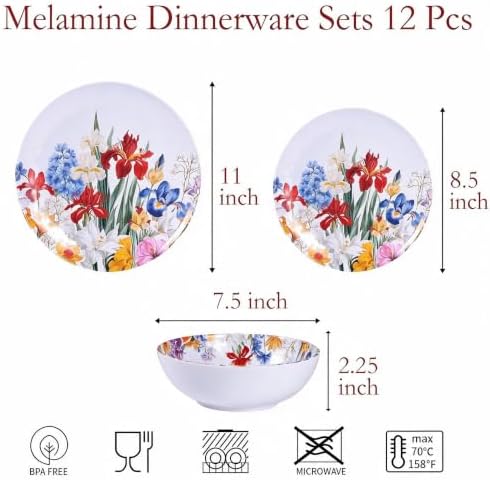 Melamine Dinnerware Set for 4,12 Piece Plates and Bowls,Unbreakable Dishes - Image 2