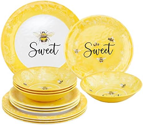 UPware 12 Piece Sweet Bees Melamine Dinnerware Sets, Outdoor Dishes Set, Plates and Bowls Sets, Service for 4, Yellow by UPware