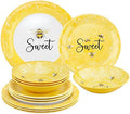 UPware 12 Piece Sweet Bees Melamine Dinnerware Sets, Outdoor Dishes Set, Plates and Bowls Sets, Service for 4, Yellow by UPware