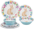 UPware 12 Piece Floral Bunny Melamine Dinnerware Sets, Outdoor Dishes Set, Plates and Bowls Sets, Easter Decorations, Service for 4, Multicolor by UPware