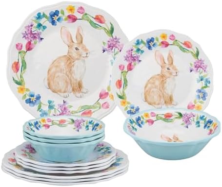 UPware 12 Piece Floral Bunny Melamine Dinnerware Sets, Outdoor Dishes Set, Plates and Bowls Sets, Easter Decorations, Service for 4, Multicolor by UPware