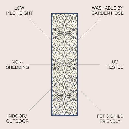 JONATHAN Y Vintage Filigree Indoor Outdoor Runner Rug 2X10 Navy/Beige, Madrid Textured Weave for Backyard, Patio, Porch, Easy-Cleaning, High Traffic, Pet-Friendly, Non-Shedding (SMB107G-210) - Image 2