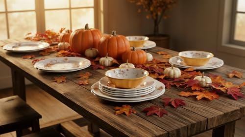 UP 12 Piece Pumpkin Season Melamine Dinnerware Sets, Outdoor Dishes Set, Plates and Bowls Sets, Autumn Thanksgiving Decorations, Service for 4, Orange - Image 2