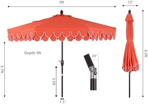 JONATHAN Y Tracy 9' Scalloped Market Patio Umbrella, Coral Red/Dark Brown - Image 4