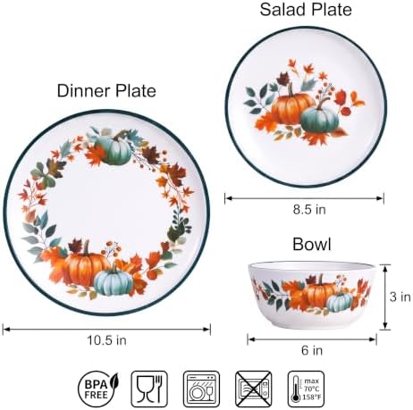 12-Piece Melamine Dinnerware Set for 4, Fall Pumpkin Plates and Bowls - Image 2