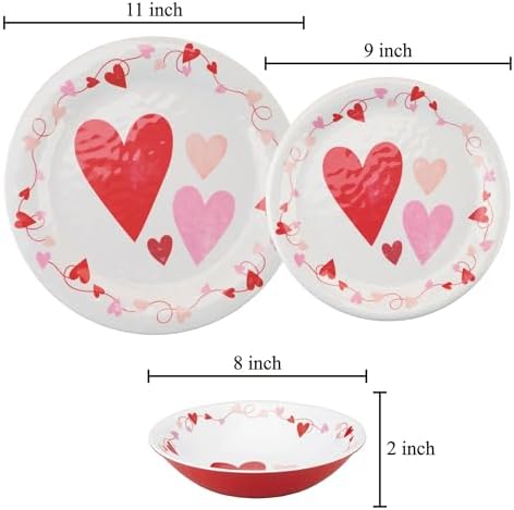 UPware 12 Piece Love Hearts Melamine Dinnerware Sets, Outdoor Dishes Set, Plates and Bowls Sets, Valentine's Day Decorations, Service for 4, Red - Image 4