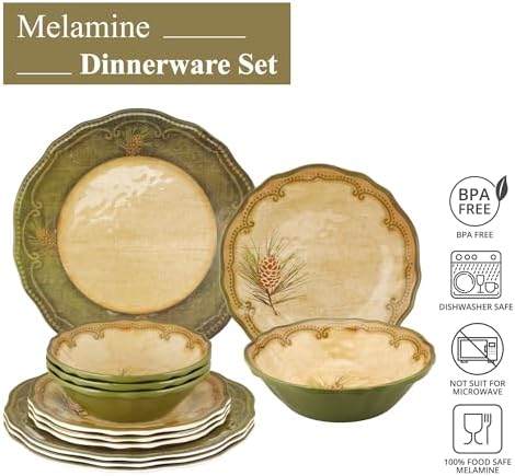 UP 12 Piece Woodland Pinecone Melamine Dinnerware Sets, Outdoor Dishes Set, Plates and Bowls Sets, Service for 4, Dark Green - Image 3