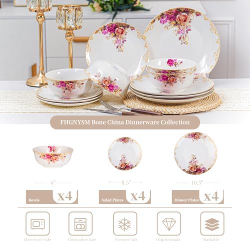 12 Piece Dinnerware Sets for 4, White Porcelain Gold Rim, Formal Dining - Image 5
