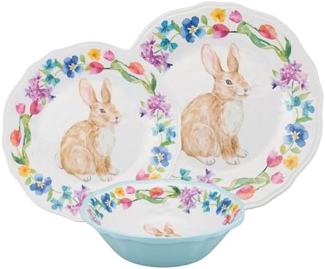 UPware 12 Piece Floral Bunny Melamine Dinnerware Sets, Outdoor Dishes Set, Plates and Bowls Sets, Easter Decorations, Service for 4, Multicolor - Image 3