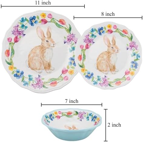 UPware 12 Piece Floral Bunny Melamine Dinnerware Sets, Outdoor Dishes Set, Plates and Bowls Sets, Easter Decorations, Service for 4, Multicolor - Image 5