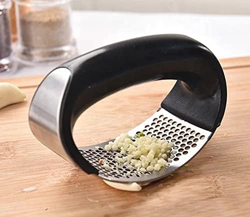 Angel's Peel Lounge Stainless Steel Garlic Press Rocker Set with Silicone Garlic Peeler & Cleaning Brush – Garlic Chopper, Mincer, Grater, Crusher – Easy for Crushed Cloves – Rust-Resistant, Black