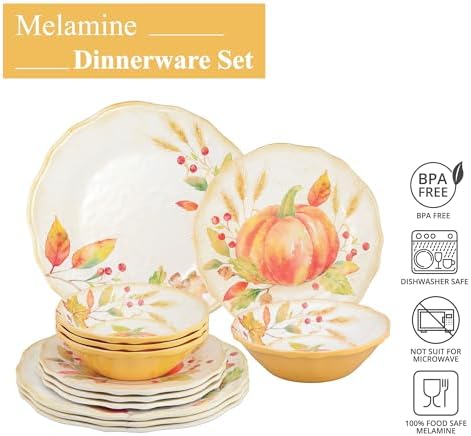 UP 12 Piece Pumpkin Melamine Dinnerware Sets, Outdoor Dishes Set, Plates and Bowls Sets, Autumn Thanksgiving Decorations, Service for 4, Orange - Image 3