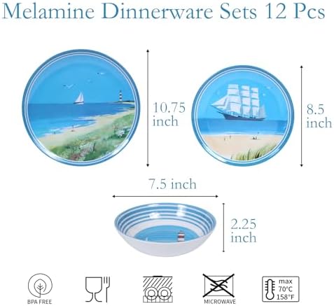 Outdoor Melamine Dinnerware Set for 4, 12-Piece Sailboat Plates and Bowls - Image 2