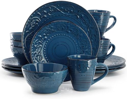 Elama Malibu Deep Ocean 16-Piece Stoneware Embossed Pattern Reactive Glaze Dark Blue Dinnerware Set, Tableware, Serveware Set (Deep Ocean Blue) by Elama