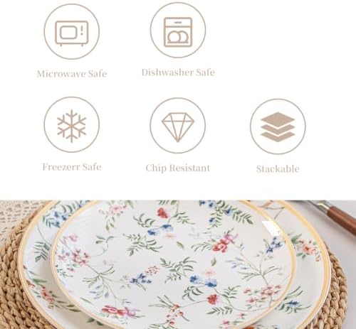 Floral Dinnerware Set for 4, 12-Piece Porcelain Plates and Bowls, Gold Rim - Image 5