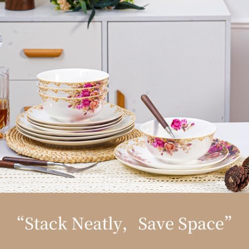 12 Piece Dinnerware Sets for 4, White Porcelain Gold Rim, Formal Dining - Image 6