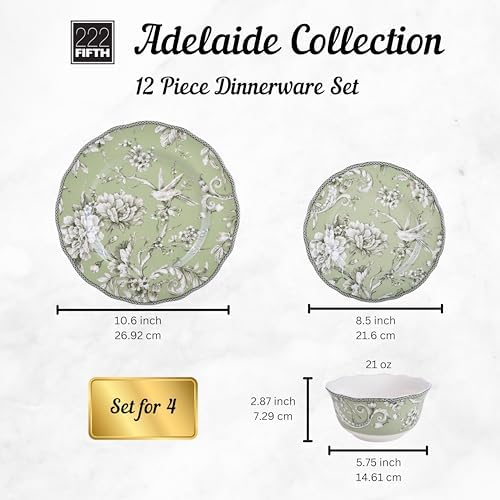 222 Fifth Adelaide Sage 12-Piece Green Porcelain Dinnerware Set – Service for 4, Big Dinner Plates and Bowls Sets, Green with White Floral Pattern, for Daily Entertainment, Microwave & Dishwasher Safe - Image 2