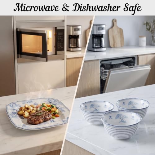 222 Fifth 12-Piece Porcelain Dinnerware Set for 4, Glossy White Plates and Bowls Set with Blue Decal, Elegant Square Ceramic Dish Set, Kitchen Tableware, Microwave & Dishwasher Safe, Scenic Toile - Image 4
