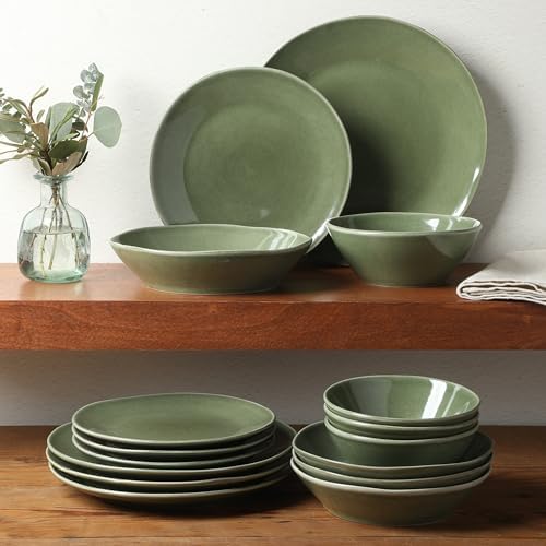 Bloomhouse - Two Time Oprah's Favorite Things Winner - Montecito Breeze 16 Piece (Service for 4) Double Plates and Bowls Stoneware Reactive Glaze Dinnerware Set - Cyprus Green - Image 4